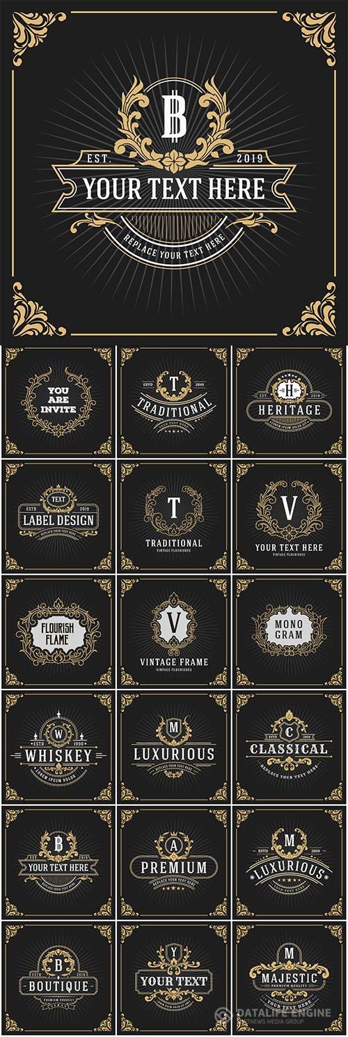 Vintage logo, luxury vector monogram, banner template design