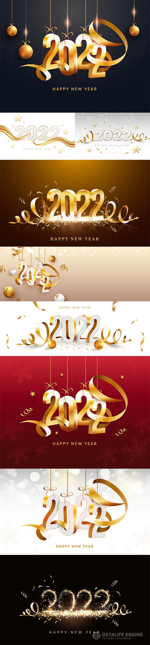 3d 2022 number hang with golden curl ribbons and baubles on peach bokeh background