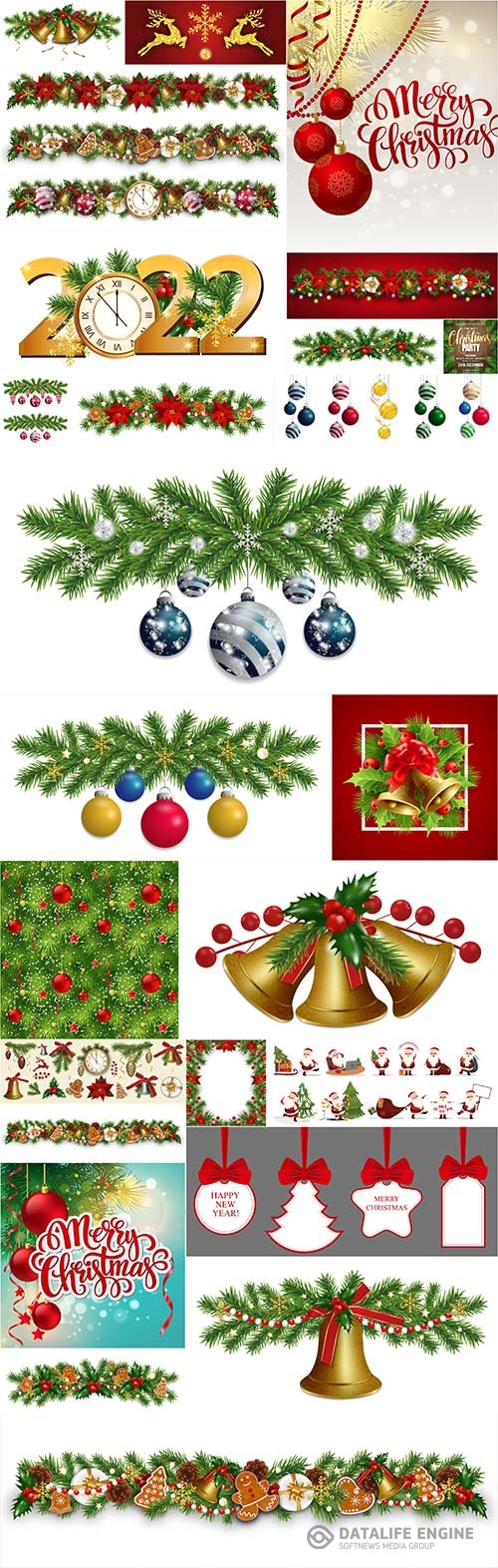 Christmas border decoration with baubles new year garland with christmas tree branches and balls