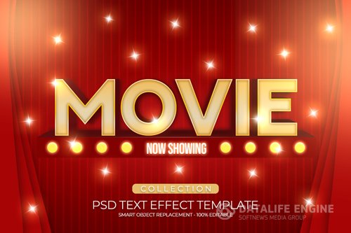 Movie text effect 3d template shiny with curtains red color editbale fully premium psd