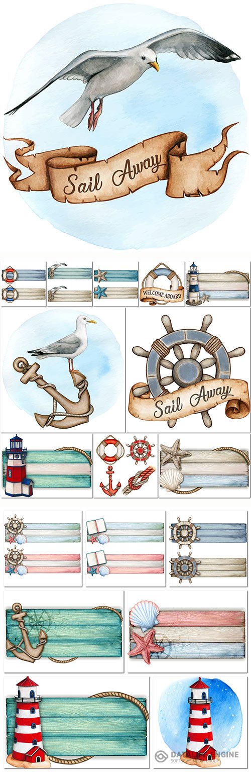 Watercolor wooden nautical vintage banner and elements in vector