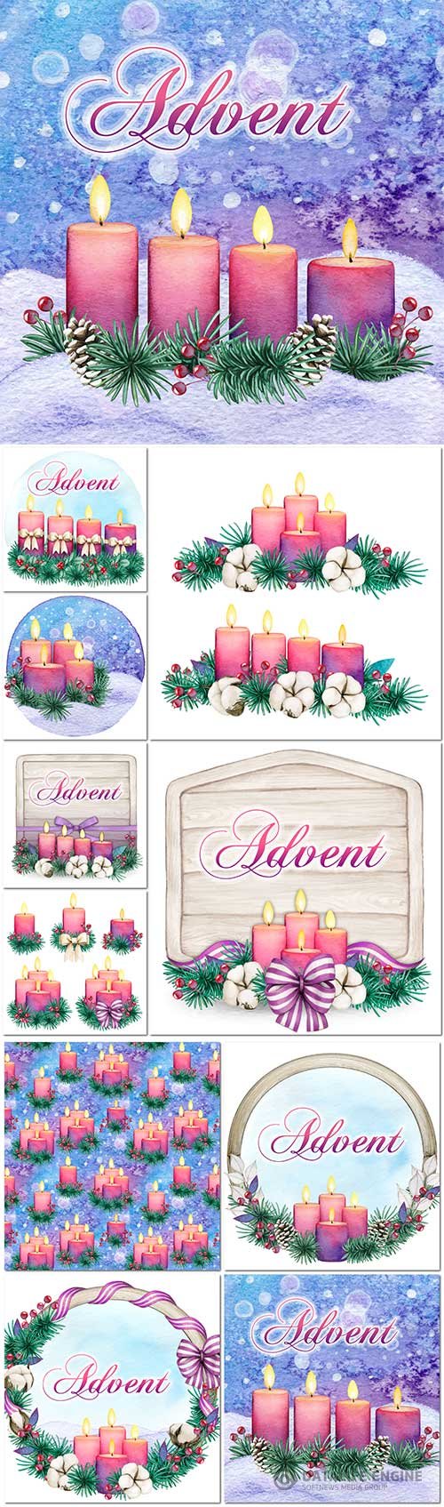 Watercolor purple advent candle dividers in vector