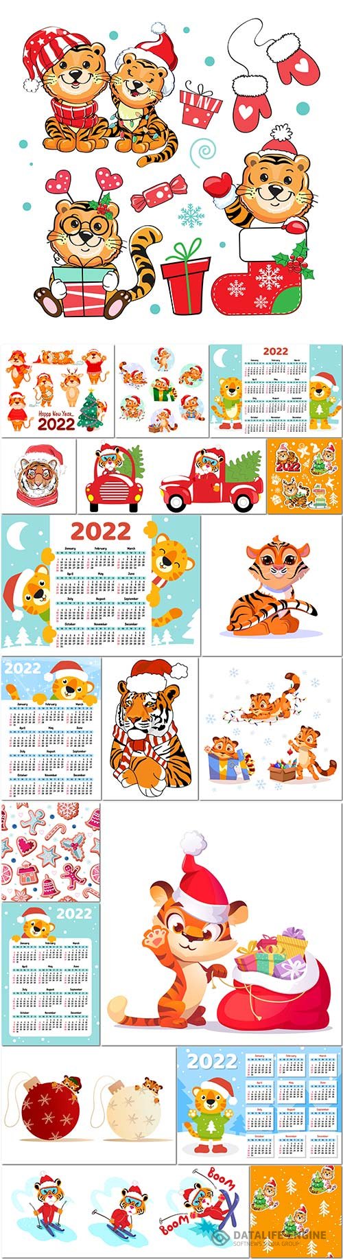 Chinese new year 2022 with cute tigers collection, vector cartoon illustration