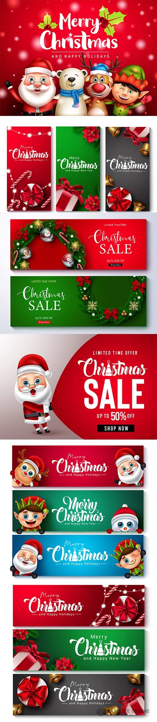 Santa claus, elf, reindeer and polar bear 3d christmas character vector set