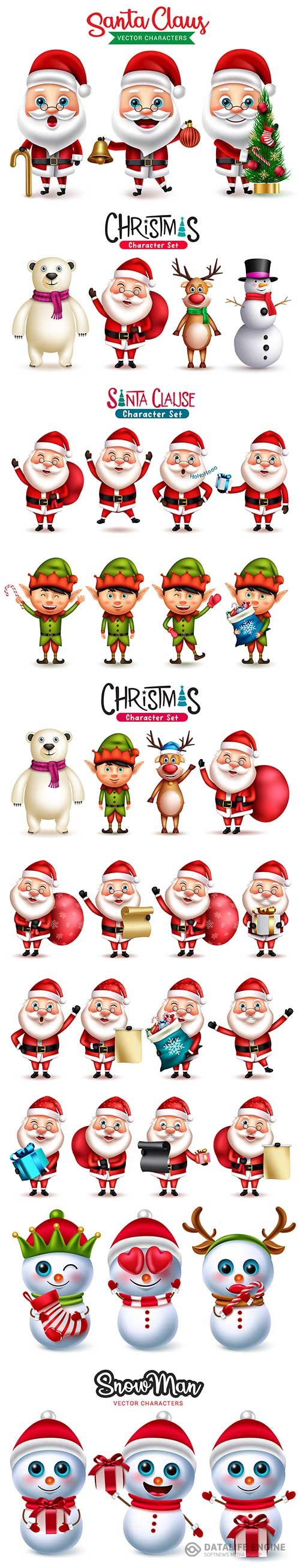 Christmas characters vector set, santa claus, elf, reindeer and polar bear