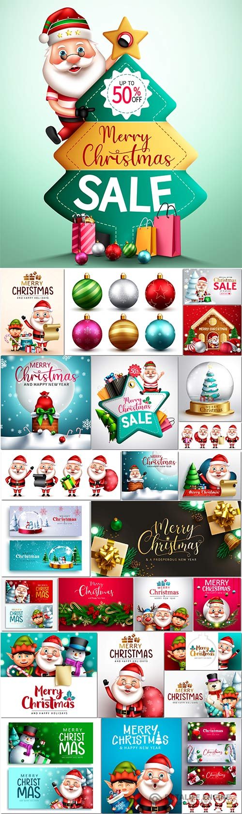 Christmas characters vector set merry christmas greeting text with santa claus