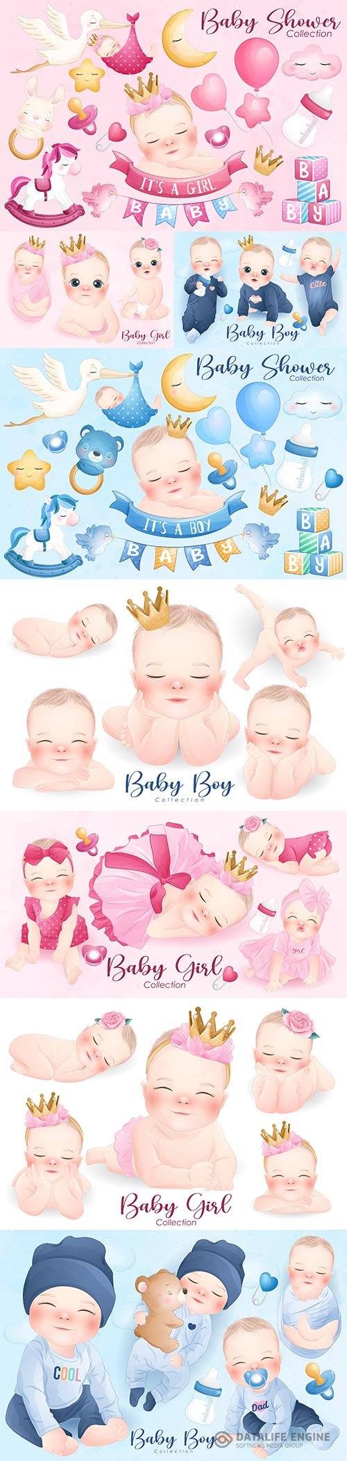 Cute baby girl and boy in watercolor style collection vector