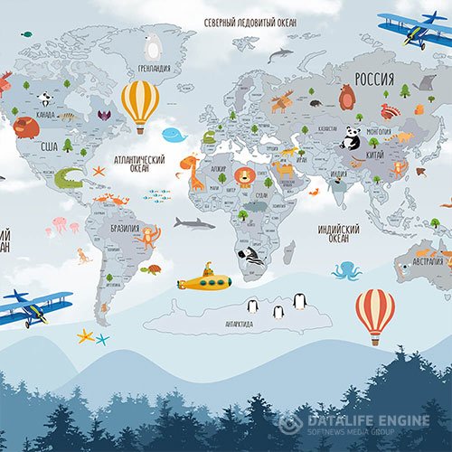 3D texture world map and flying transport balloons