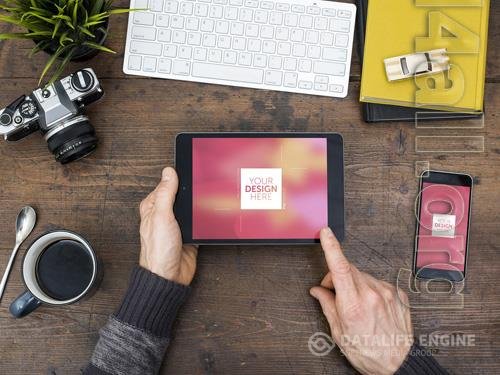 Smartphone and Tablet on Wooden Desk Mockup 218274427