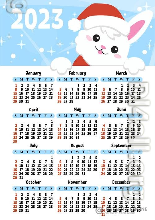 Color calendar for 2023 with a cute character rabbit week starts on sunday fun and bright design cartoon style