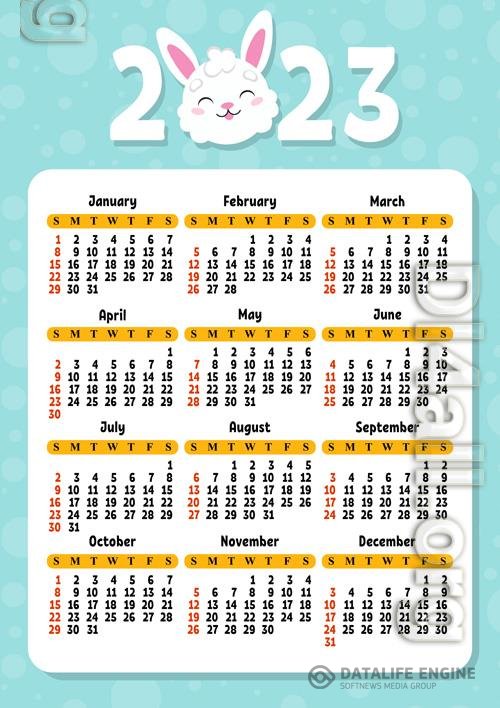 Calendar for 2023 with a cute character rabbit week starts on sunday fun and bright design cartoon style