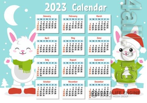 2023 Calendar with a cute character rabbit week starts on sunday fun and bright design cartoon style