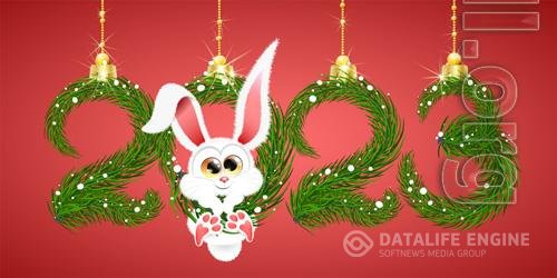 Cute fluffy white cartoon winter rabbit hanging in 2023 new year number