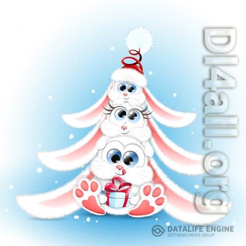 Cute fluffy cartoon white rabbit family sitting one on each other in christmas tree shape