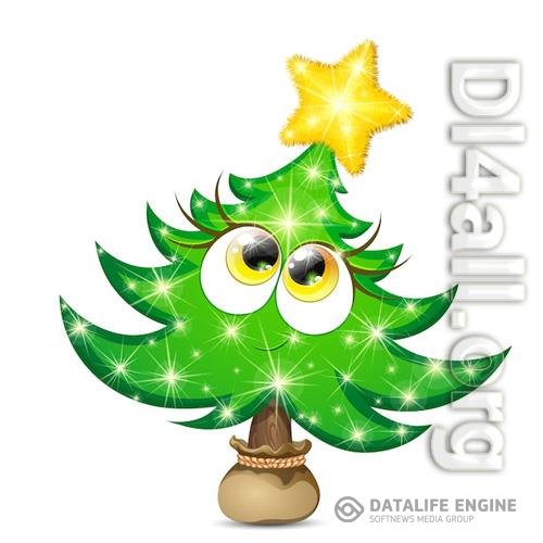 Funny fir tree girl character with yellow shiny star and christmas lights in a pot bag