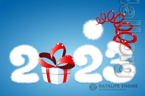 Cute fluffy white cartoon 2023 new year number with gift box and santa claus hat