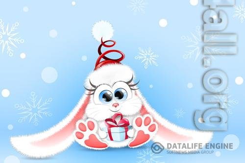 Cute fluffy cartoon white bunny in winter santa hat with little christmas gift box