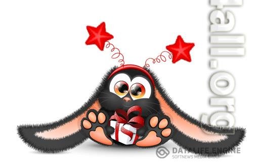 Cute fluffy black bunny in red star headband and gift box in his paws, chinese 2023 new year symbol