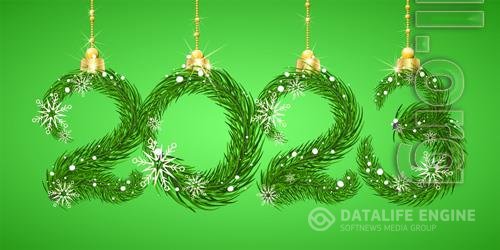 2023 new year number made from green fir tree branches with snowflakes