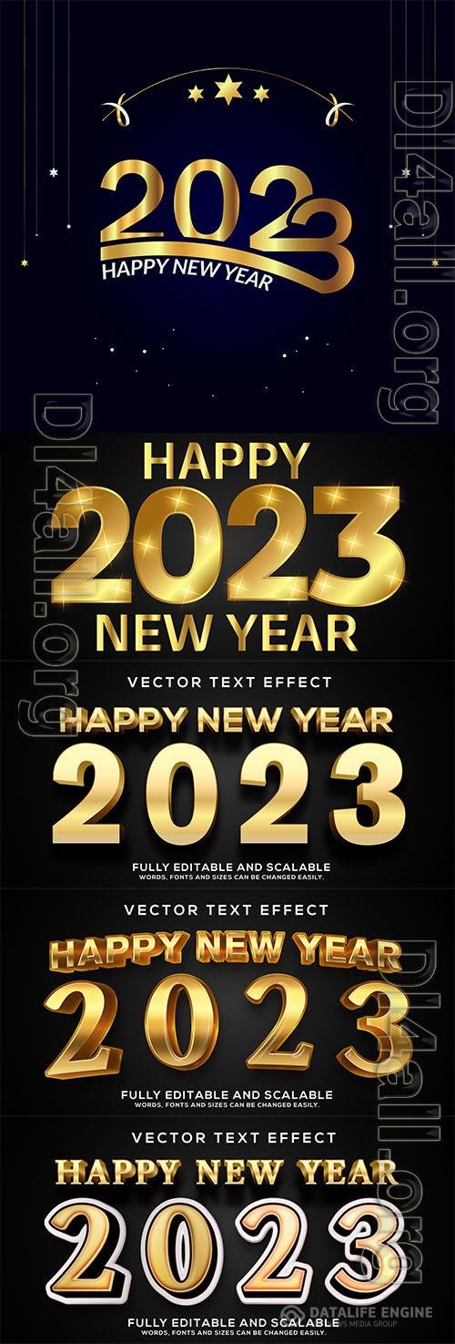 Gold happy new year 2023 3d bold editable text vector effect