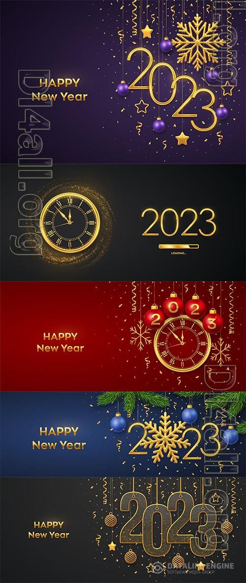 Happy new 2023 year hanging golden metallic numbers 2023 with snowflake balls pine branches and confetti