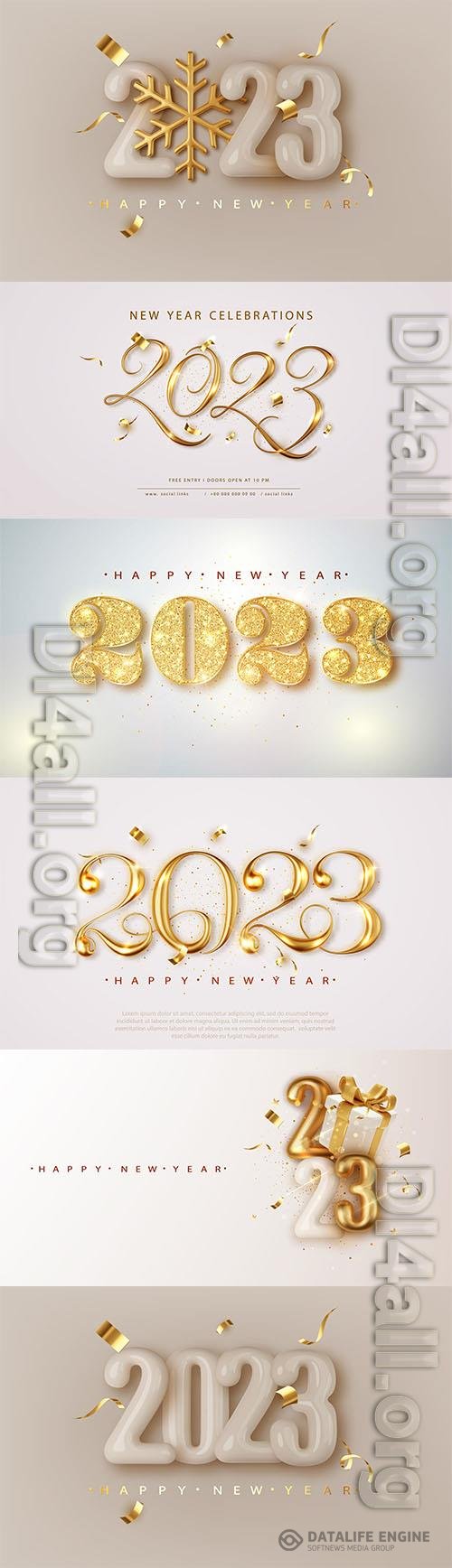 2023 happy new year elegant banner with falling confetti on bright background