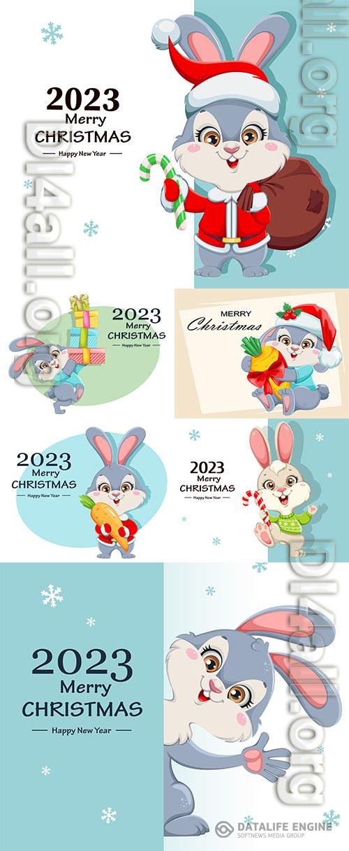 Merry xmas and happy new year cute cartoon rabbit