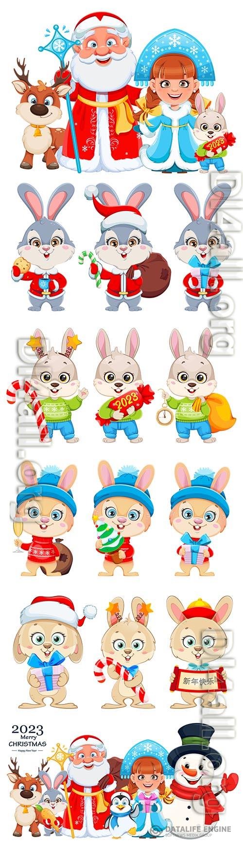 Cute rabbit, santa claus, snow maiden, snowman and cartoon animals christmas vector