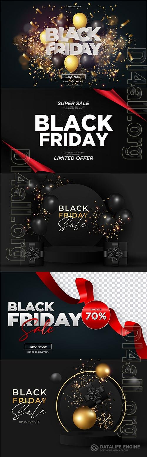 Black friday sale with realistic 3d balloons and bokeh explosion vector background