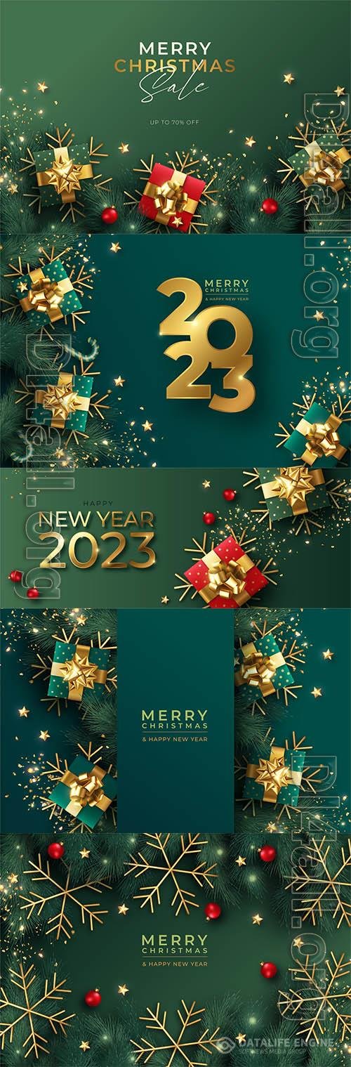 2023 Christmas background with winter nature and ornaments