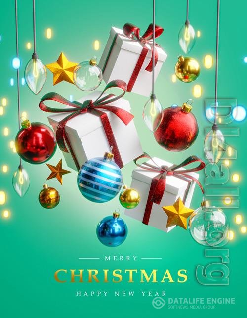 Merry christmas card poster template, hanging box, gift christmas ball, christmas lights bokeh, stars