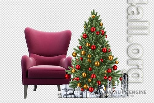 Christmas tree and armchair in 3d rendered