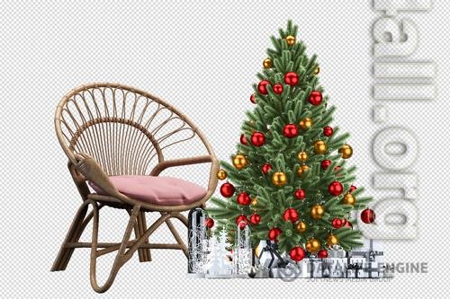 Christmas tree, gifts and armchair in 3d rendered