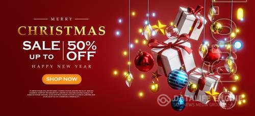 Christmas sale template, box, gift christmas ball, christmas lights bokeh