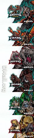 Sloth, hyena, hippo, griffin, crab, boar, mascot logo design