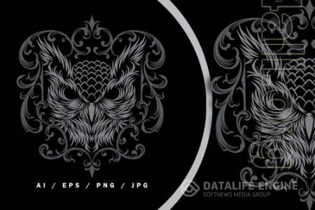 Grey Ornament Heraldic Owl Bird Logo Illustration