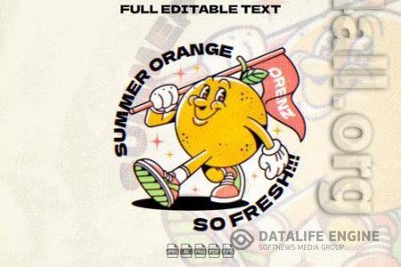 Retro Orange Fruit with Flag Mascot Illustration