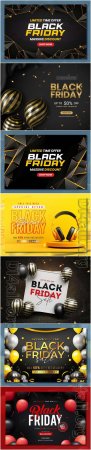 Black friday sale banner with realistic 3d gifts and balloons in psd vol 8