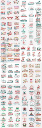 Colorful vector merry christmas wish set and lettering quotes bundle