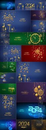 Happy new year background, Merry christmas greeting card gift box with golden bow in a glass with hanging bauble and glitter lights vector illustration