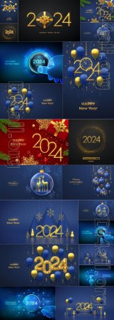 Happy new year 2024 background, Merry christmas ball greeting card banner vector illustration