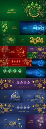 Happy new 2024 year golden metallic numbers 2024 with gift box shining snowflake pine branches stars balls and confetti  vector illustration