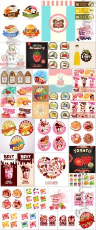 Labels, food, vegetables, fruits, ice cream in vector set