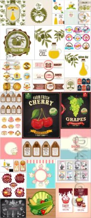 Food labels set, vegetables, fruits, ice cream in vector